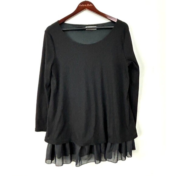 Xiang Ri Kui Womens Black Layered Top  Bow Sheer Elegance Blouse Tunic L 1158E2 - Picture 1 of 8